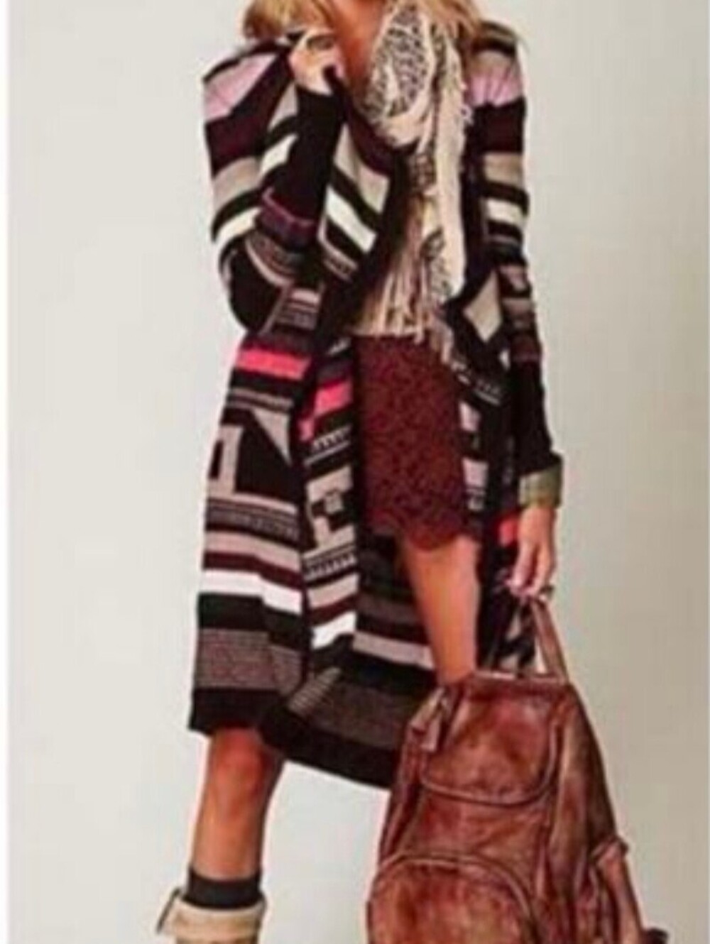 Free People Long Open Front Cardigan Sweater with Striped Pattern